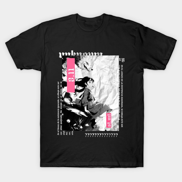 Girl and a wolf in anime style | alternative gothic clothing | grunge | dark | black and white T-Shirt by UNKNOWN COMPANY